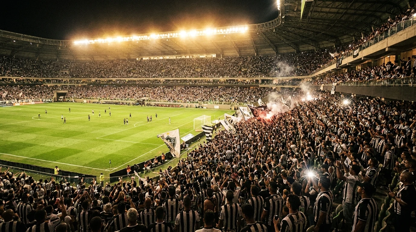 Ilustração editorial do Atlético Mineiro — torcida e estádio no estilo Globoesporte