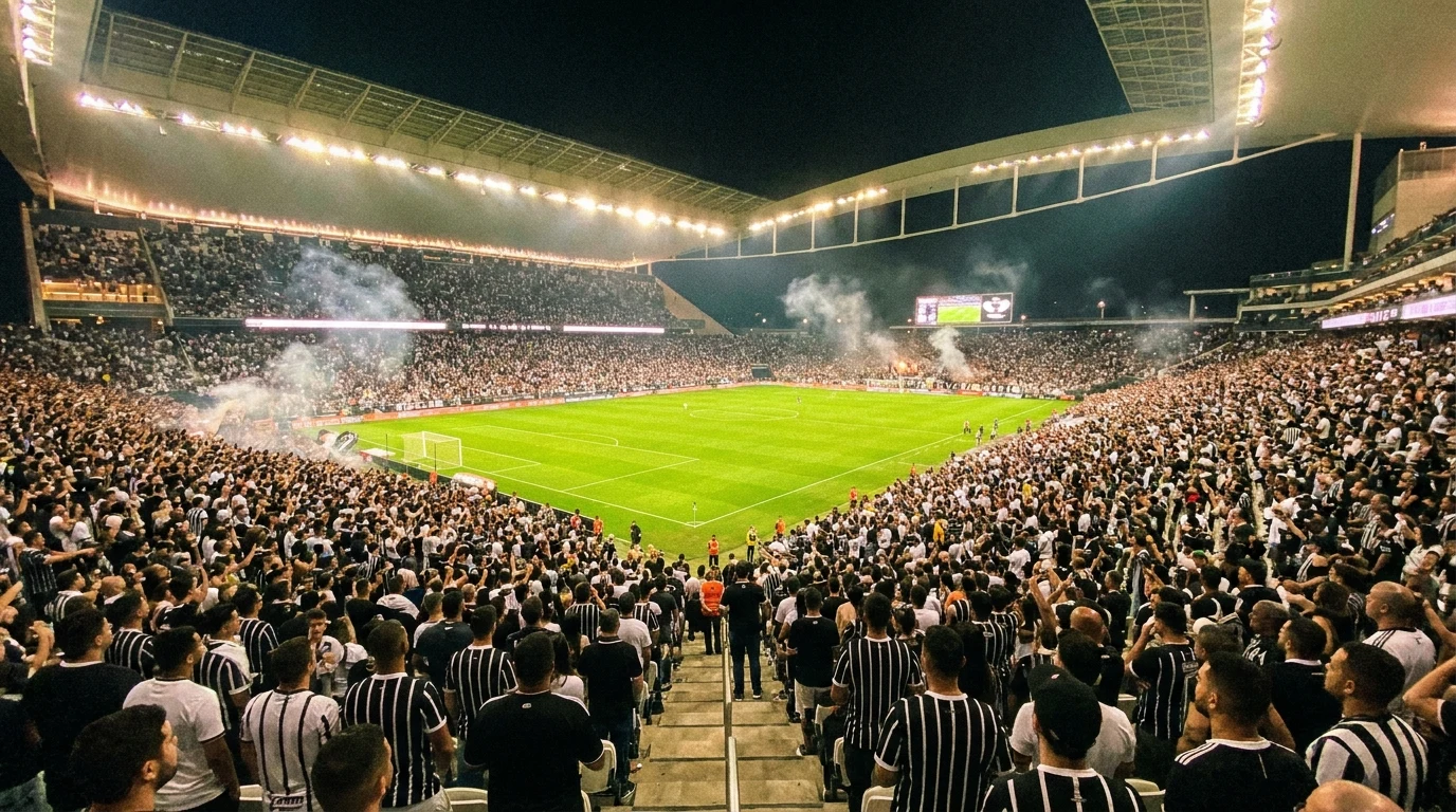 Ilustração editorial do Corinthians — torcida e estádio no estilo Globoesporte