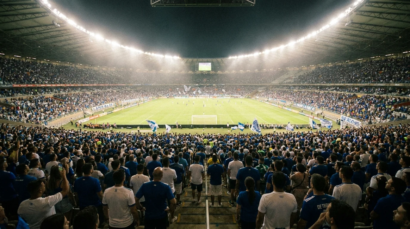 Ilustração editorial do Cruzeiro — torcida e estádio no estilo Globoesporte