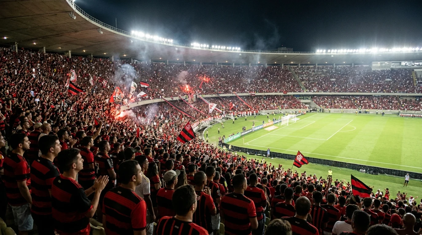 Ilustração editorial do Flamengo — torcida e estádio no estilo Globoesporte