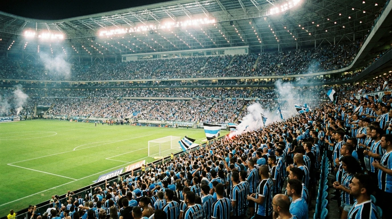 Ilustração editorial do Grêmio — torcida e estádio no estilo Globoesporte