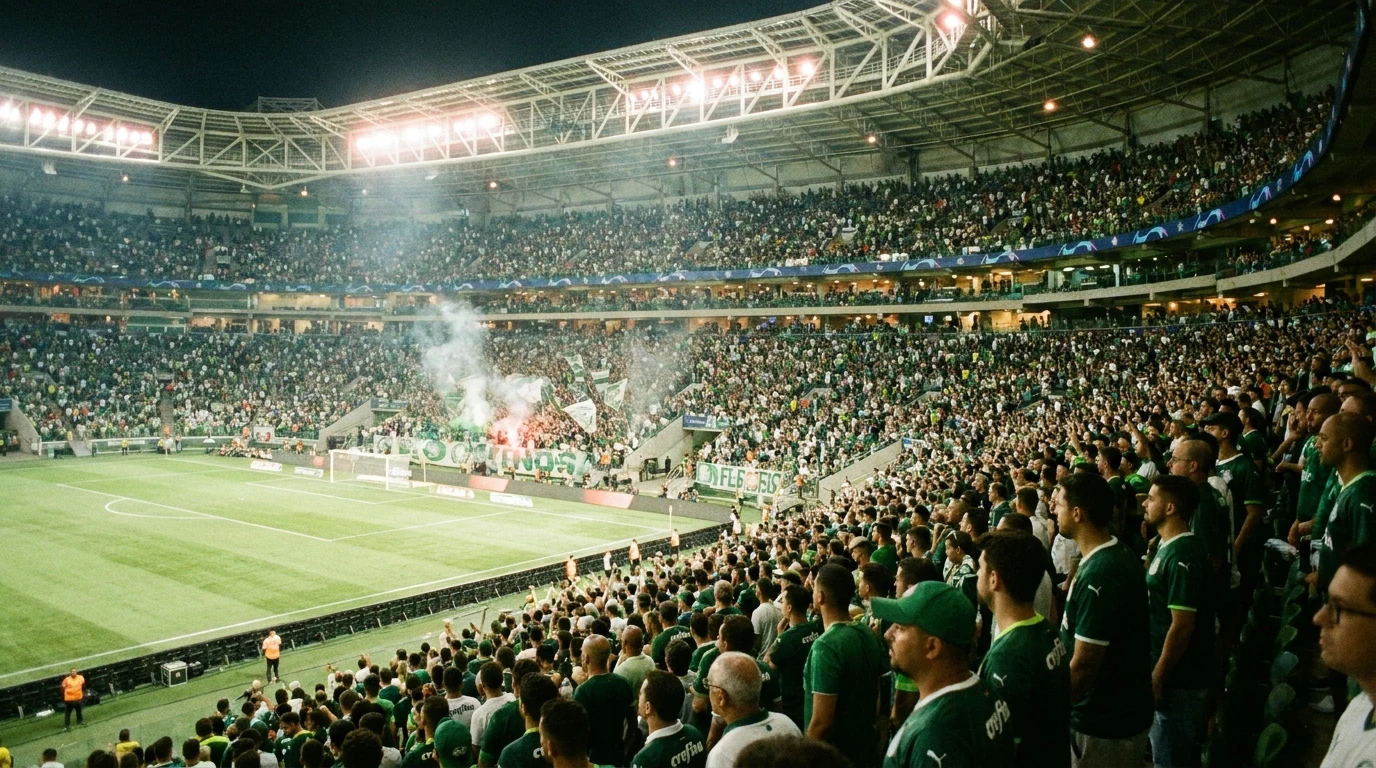 Ilustração editorial do Palmeiras — torcida e estádio no estilo Globoesporte