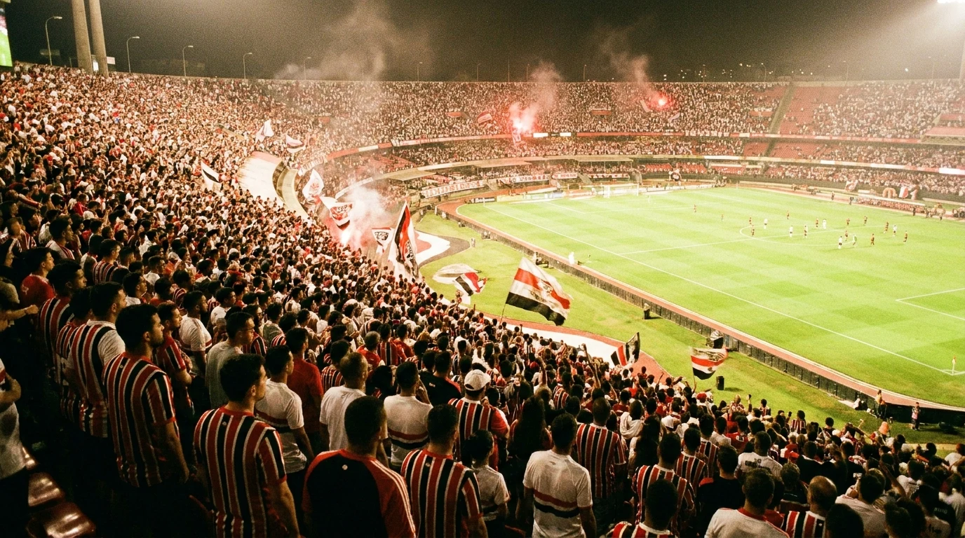 Ilustração editorial do São Paulo — torcida e estádio no estilo Globoesporte