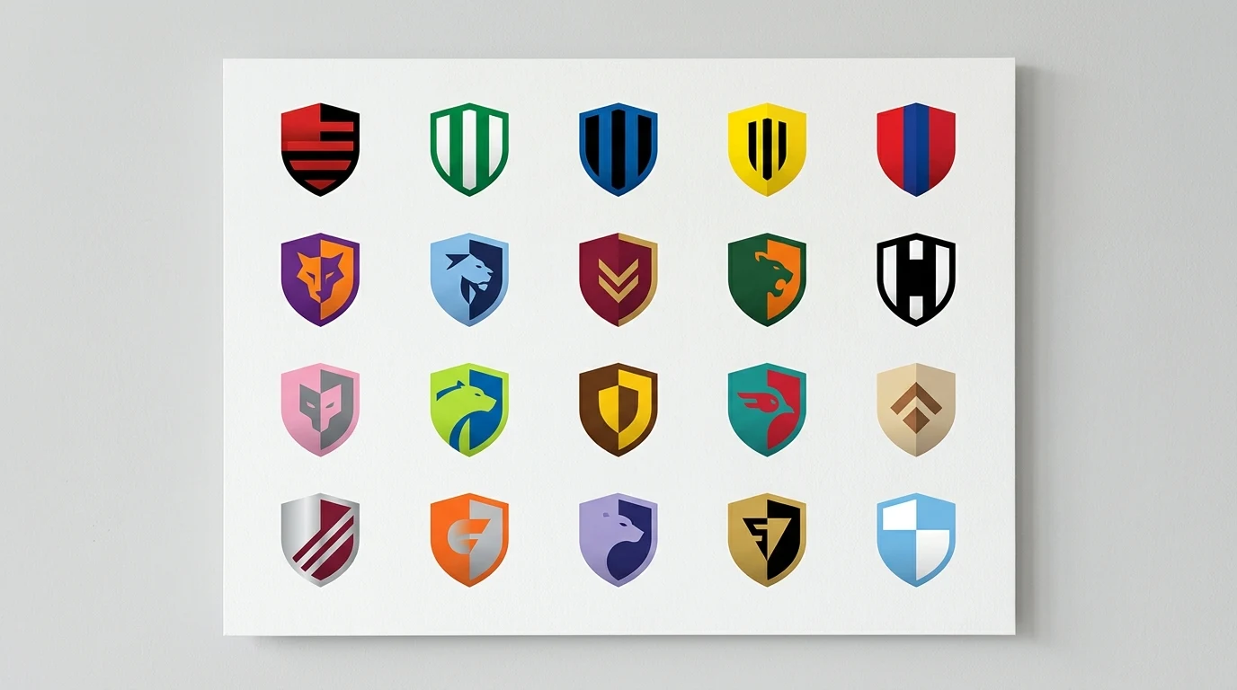 Grade editorial com emblemas estilizados dos 20 times do Brasileirão 2026