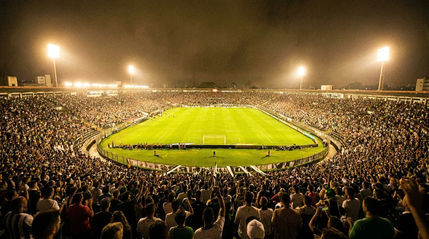 Vista editorial de estádio de futebol lotado representando os grandes clássicos do Brasileirão